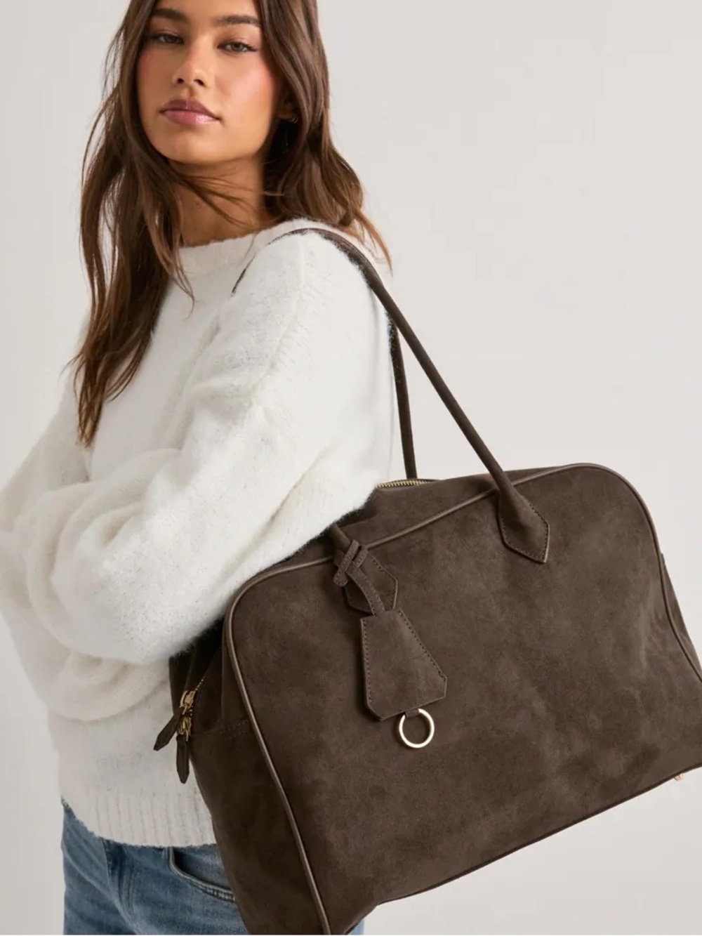 Nelly Bowling Key Bag, faux suede large zipper tote, brown, like new, 20x17